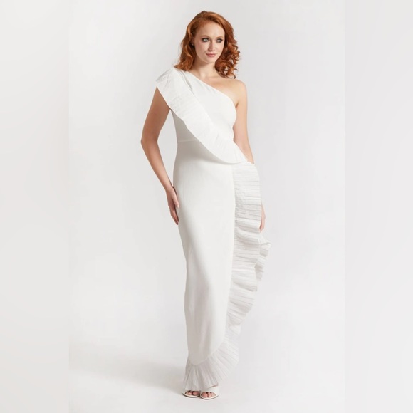 One33 Social Pleated Ruffle White Midi Dress - Picture 1 of 6